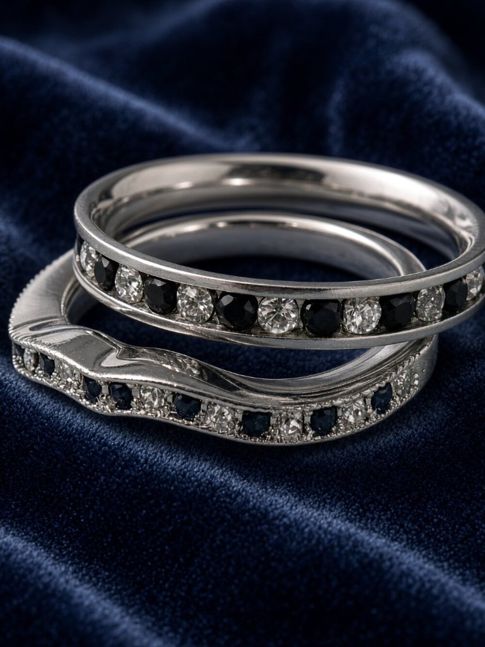 Silver and Black Tone Rings White Stones Sizes 7 and 7.75 Daily Wear Bundle Set